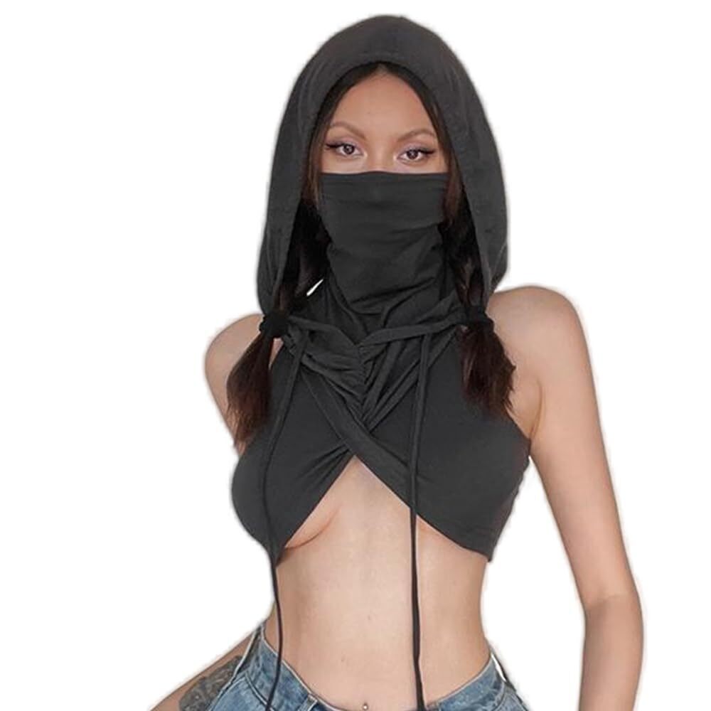 8017 Festival Tops Rave Outfits Goth Sexy Crop Top Hooded Tank Y2K